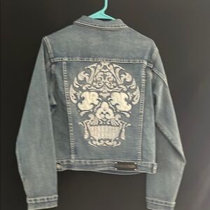 Women's Blue Jean Jacket with Embroidered Design w skulls and bling